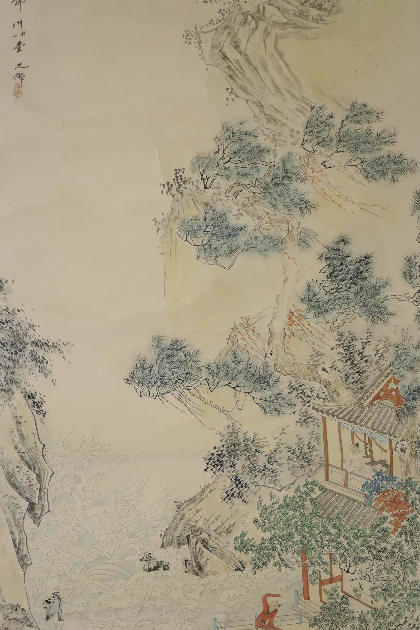 A Chinese watercolour scroll depicting figures in a riverside dwelling, 21½" x 49" - Image 2 of 3