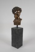 A bronzed composition Greco Roman head bust, possibly David, 13" high