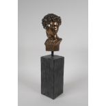 A bronzed composition Greco Roman head bust, possibly David, 13" high