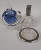 A studio glass perfume bottle by David Wallace, stopper AF, and Art Deco glass atomiser, a cut glass