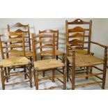 A set of six (4+2) ash ladderback chairs with rush seats, late C18th/early C19th