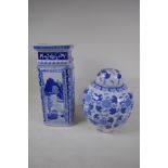 A Chinese blue and white porcelain bulbous ginger jar and a square section vase, 13½" high