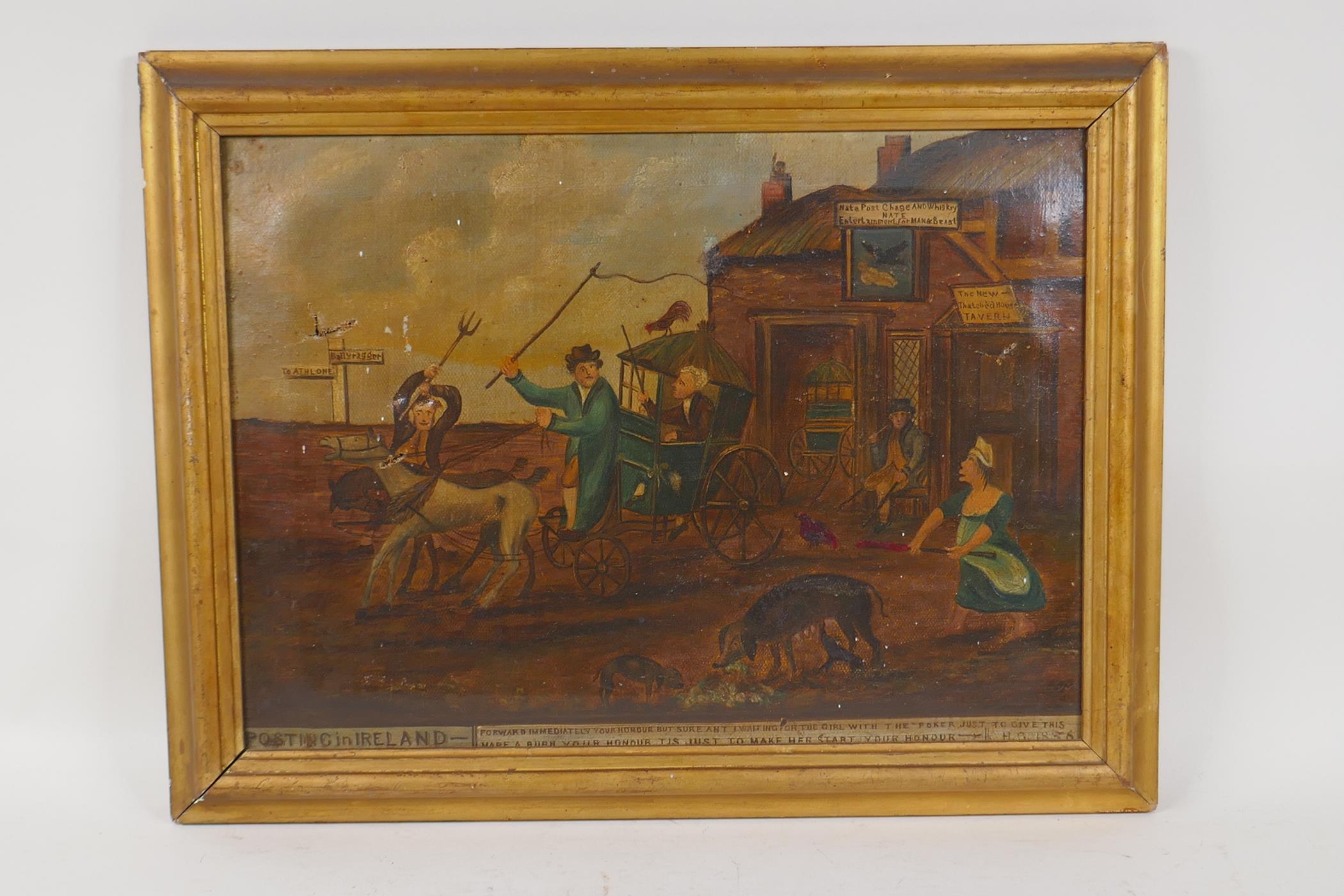 After James Gillray, Posting in Ireland, C19th oil on canvas, 16" x 12"