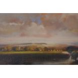 John Scarland, view across a river to a sunlit village, oil on canvas, 11½" x 7½"