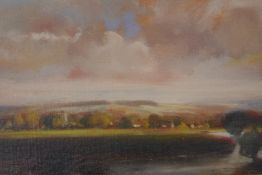 John Scarland, view across a river to a sunlit village, oil on canvas, 11½" x 7½"