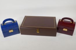 A leather jewellery box with fitted interior, 13½" x 8½" x 4", and two smaller 'treasure chest'