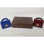 A leather jewellery box with fitted interior, 13½" x 8½" x 4", and two smaller 'treasure chest'