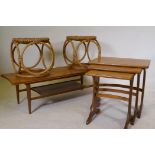 A nest of three G-Plan Alfresco occasional tables, a mid century teak two tier coffee table an a