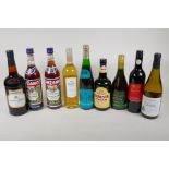 Nine bottles of wines and spirits including Wolf Blass Red Label Shiraz, Harveys Sherry, Tesco