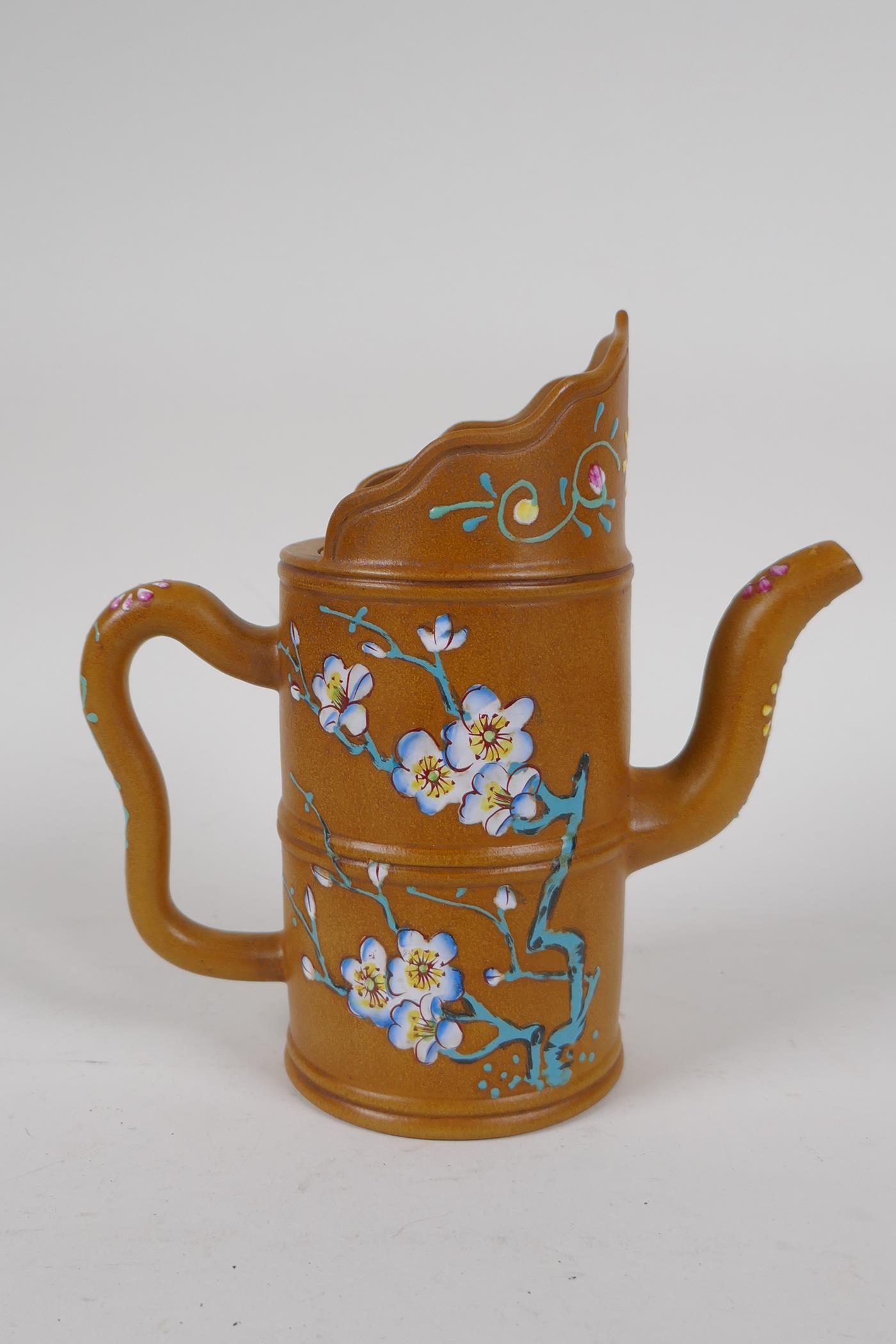 A Chinese Yixing teapot of bamboo form with enamelled polychrome decoration of birds and flowers, - Image 3 of 6