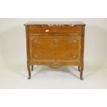 A French late C19th Louis XV style inlaid kingwood three drawer commode, with rouge marble top and