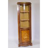 A French marquetry inlaid mahogany corner display cabinet with brass mounts, 20" x 59"