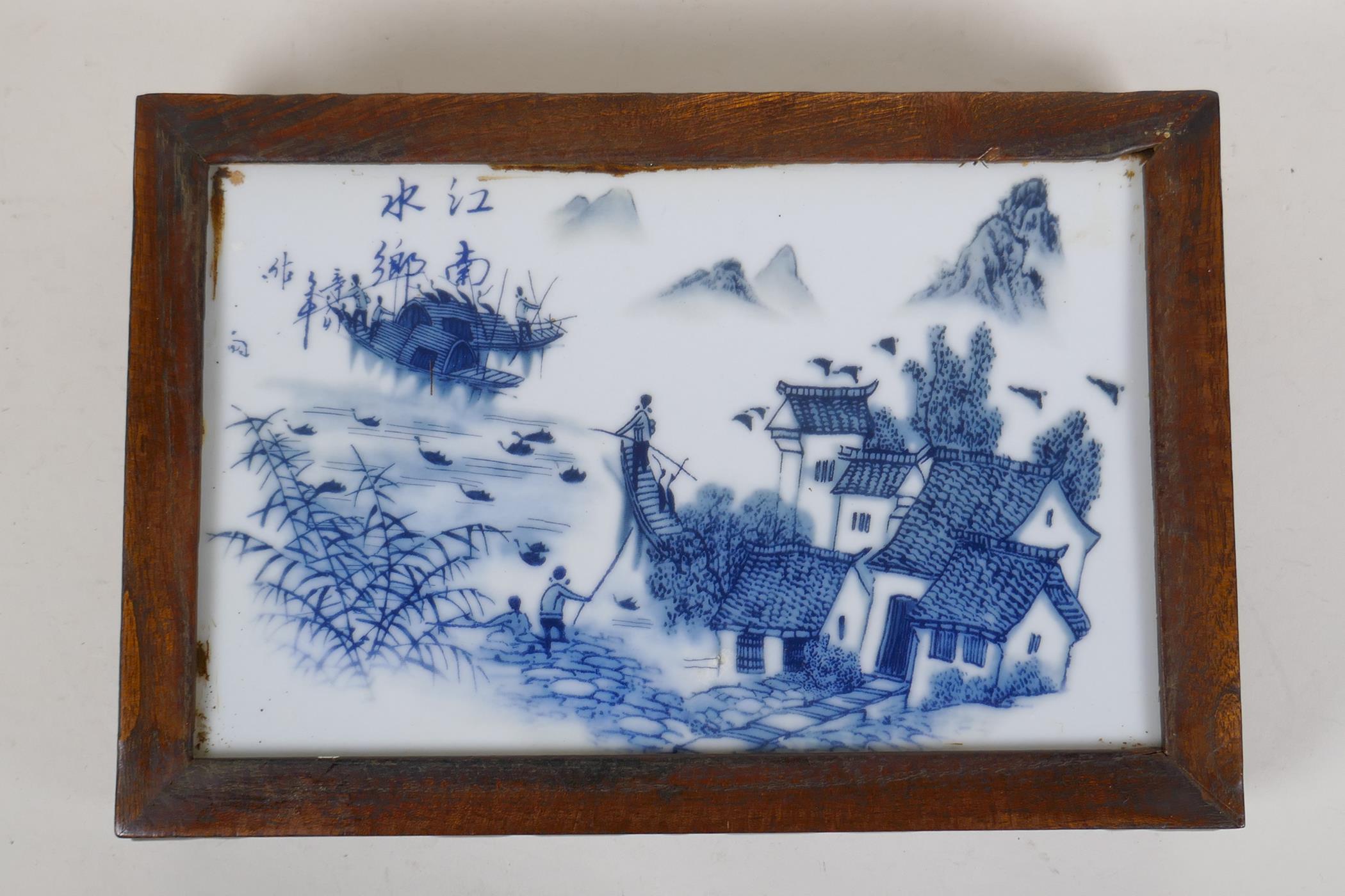 A Chinese hardwood stand mounted with a blue and white porcelain panel depicting a riverside - Image 2 of 2