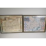 A framed map of C17th Surrey with gazetteer  to the reverse, 21" x 15½", and another map of Surrey