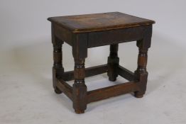 Antique oak joynt stool, with pegged joints and top, raised on turned supports, 15" x 11" x 14"