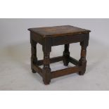 Antique oak joynt stool, with pegged joints and top, raised on turned supports, 15" x 11" x 14"