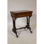 A good Victorian marquetry inlaid rosewood games table, the fold over top opening to reveal a