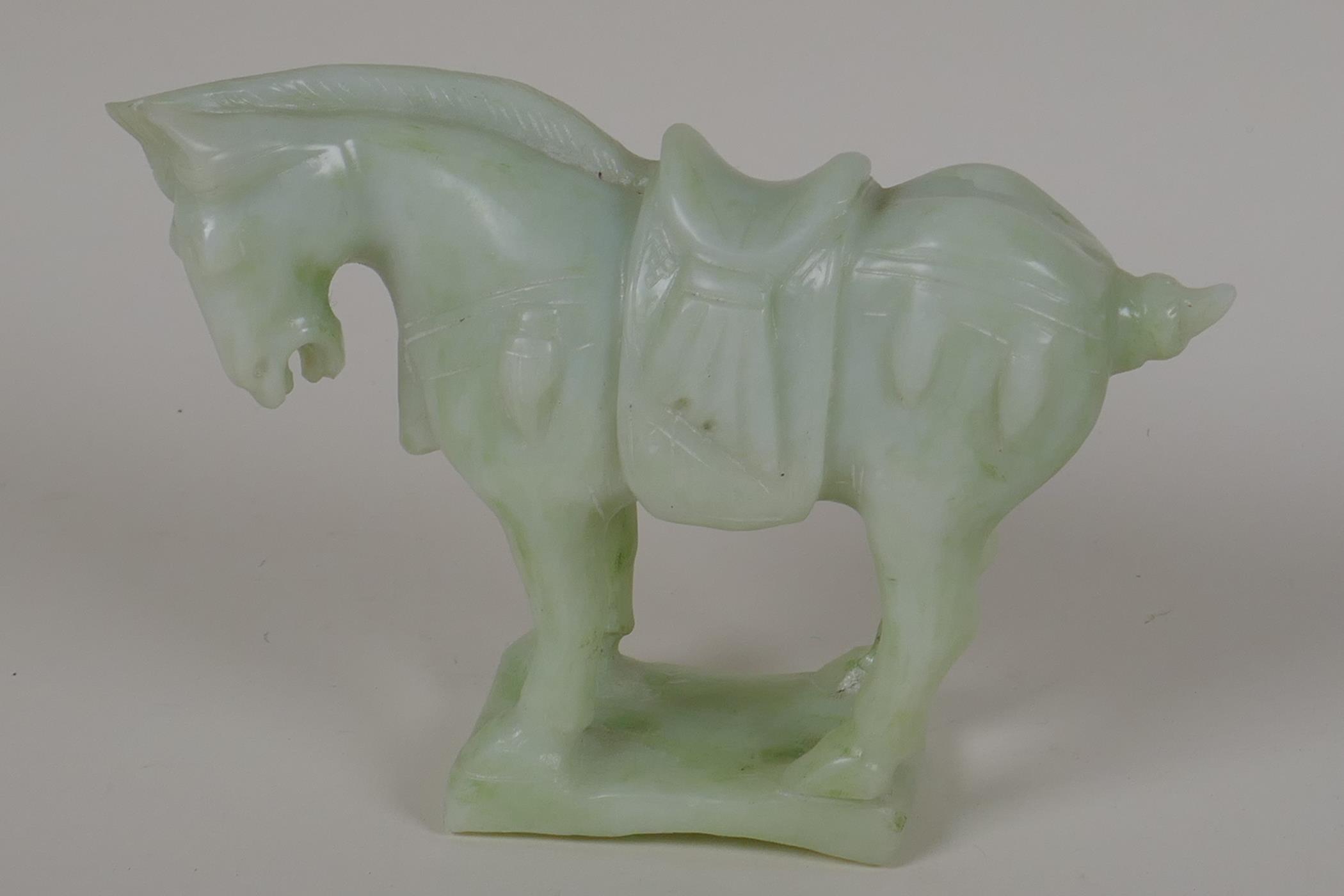 A Chinese green hardstone Tang style model of a horse, 4" high - Image 3 of 3