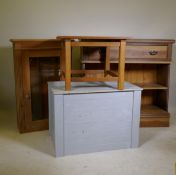 A pine cabinet with glazed door, 26" x 12" x 40", a painted pine box and cabinet with open shelves