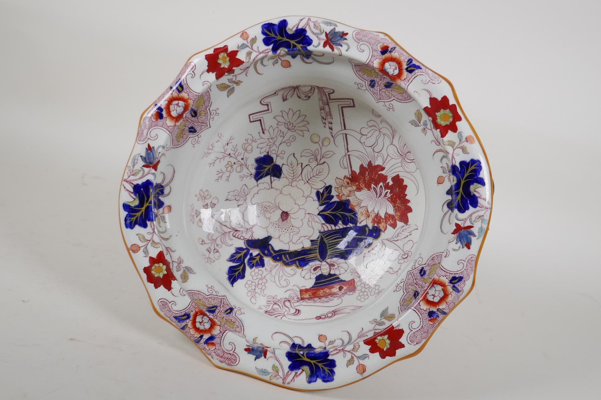 A Masons Ironstone pedestal bowl with two blue and gilt handles and overall floral decoration, 7" - Image 3 of 4