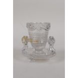 A Chinese moulded glass / crystal libation cup and stand of archaic form, cup 3½" high