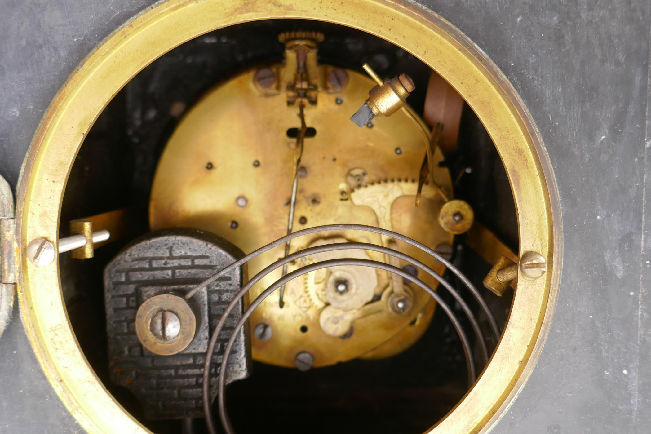 A French slate and marble mantel clock in architectural four pillar case, with Brocot escapement and - Image 3 of 3