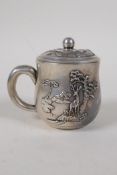 A Chinese white metal cup and cover with raised crane and deer decoration , impressed 4 character