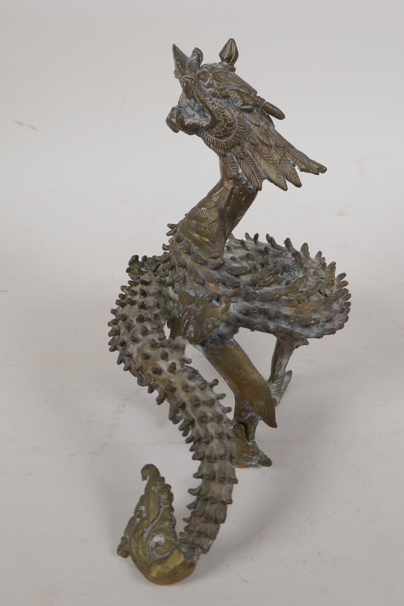 An Oriental cast brass figure of a Spiney dragon in coiled pose, 7" high - Image 3 of 4