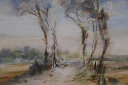 John Scarland, tree lined road flanked by sun bleached fields, watercolour and gouache, 15½" x 8"