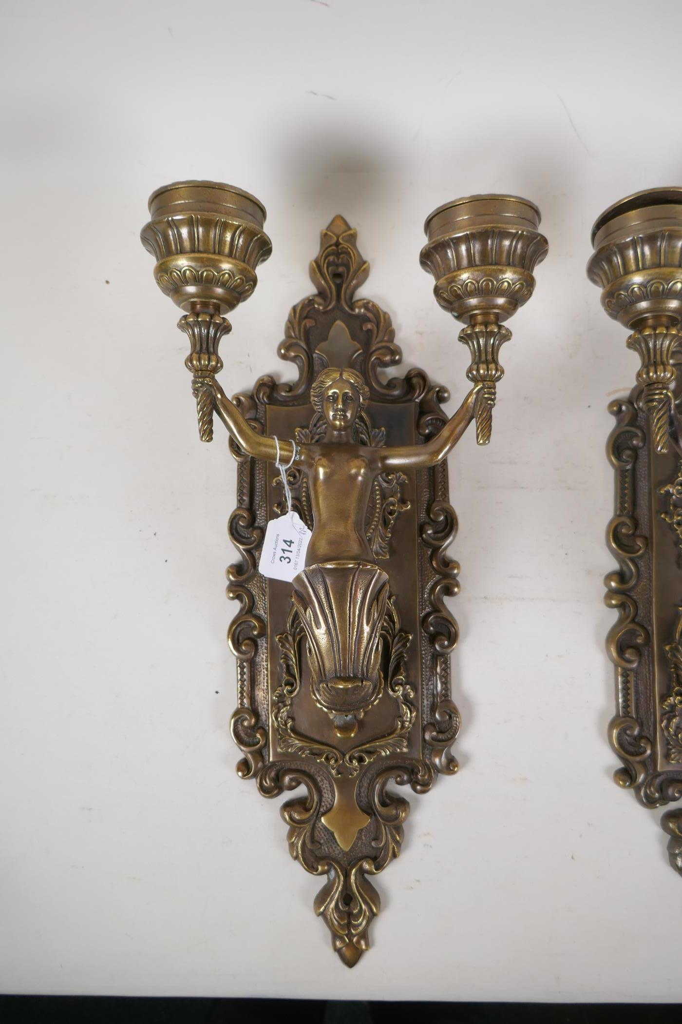 A pair of bronze two branch wall sconces in the form of mermaids, 9" x 19" - Image 2 of 2