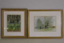 John Scarland, two wooded landscape scenes, watercolours, largest 10½" x 7"