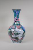 A Chinese polychrome porcelain vase with two decorative panels depicting riverside landscape scenes,