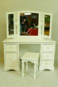 A painted dressing table, mirror and stool, with five drawers, 51" x 21" x 60" high