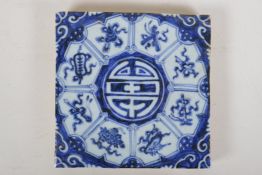 A Chinese Ming style blue and white porcelain temple tile decorated with the emblems of the eight