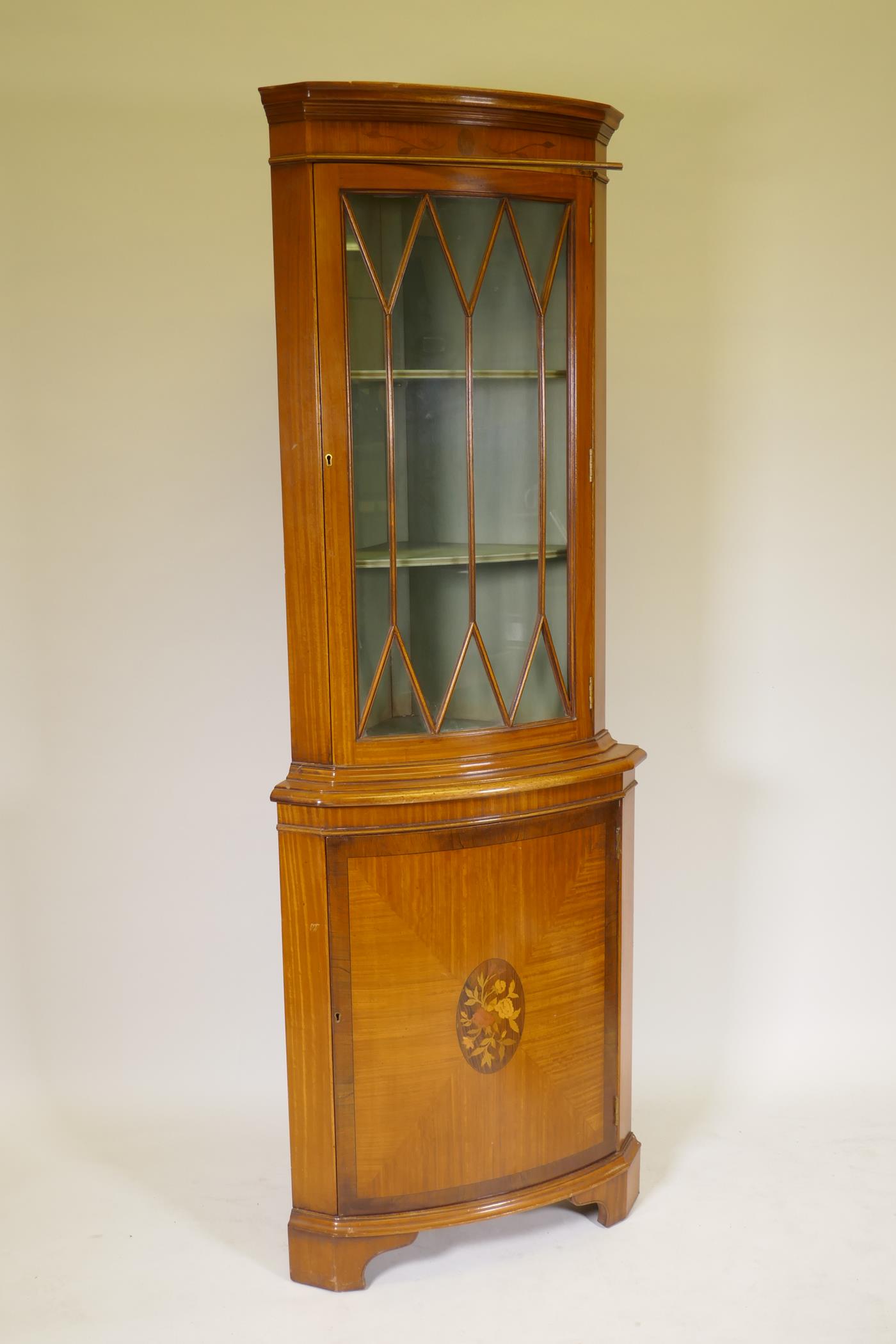 A satinwood bow fronted standing corner display cabinet, with astragal glazed door over a cupboard - Image 2 of 4