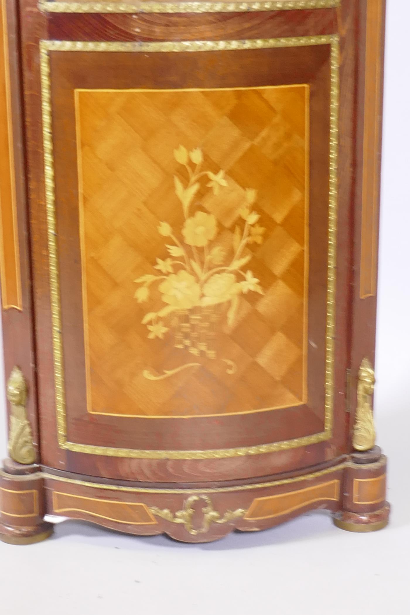 A French marquetry inlaid mahogany corner display cabinet with brass mounts, 20" x 59" - Image 2 of 5