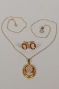 A 9ct yellow gold cameo necklace and matching earrings