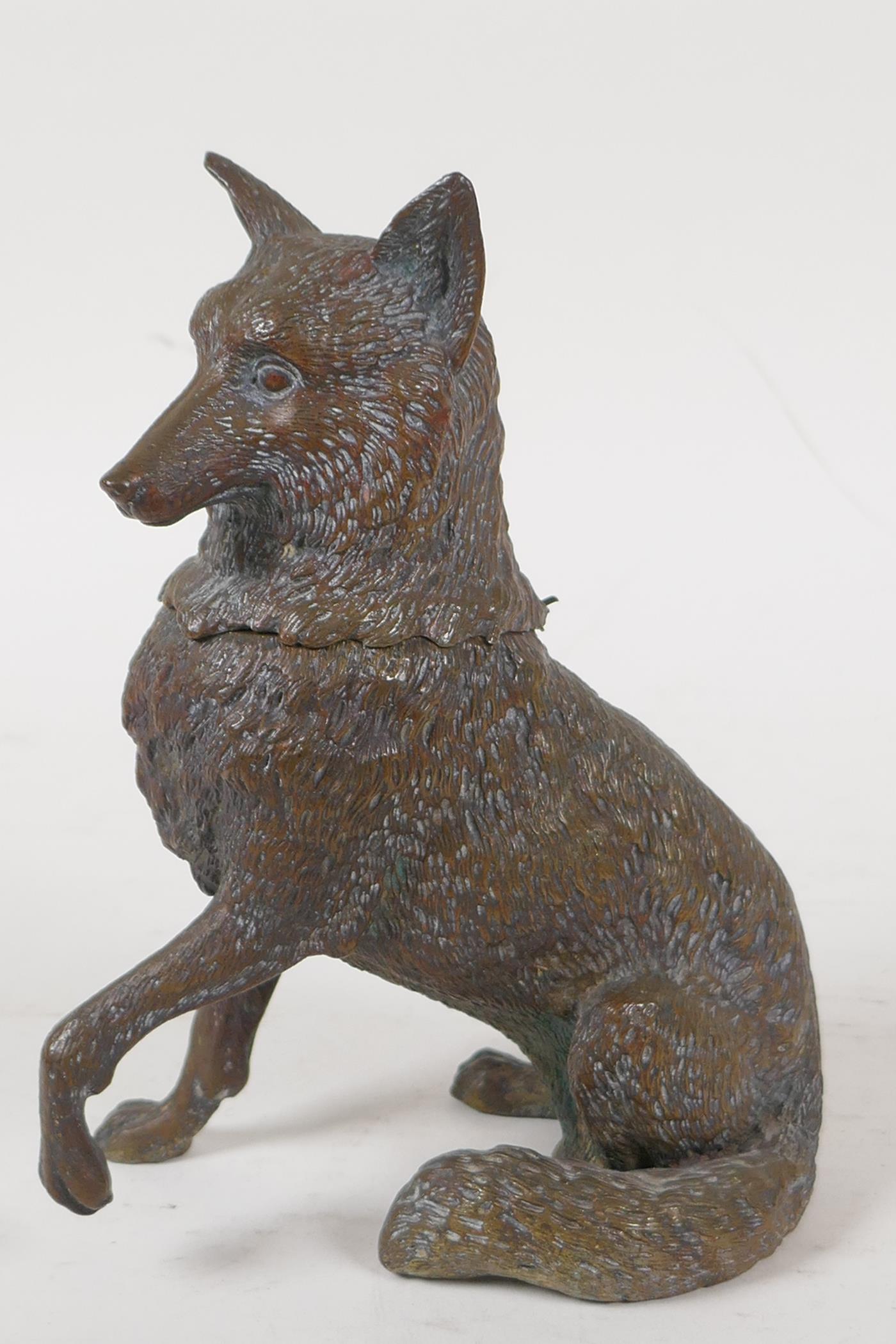 A bronze inkwell in the form of a seated wolf, lacks liner, 6½" high - Image 2 of 4