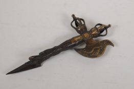A Sino Tibetan cast bronzed metal ceremonial double bladed phurba and kartika with vajra