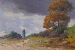 Hans Richard von Volkmann, young lady in a landscape, monogrammed, oil on canvas, 16" x 21"