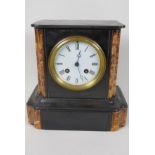 A slate and marble mantel clock with striking movement on a bell, white enamel dial and Roman