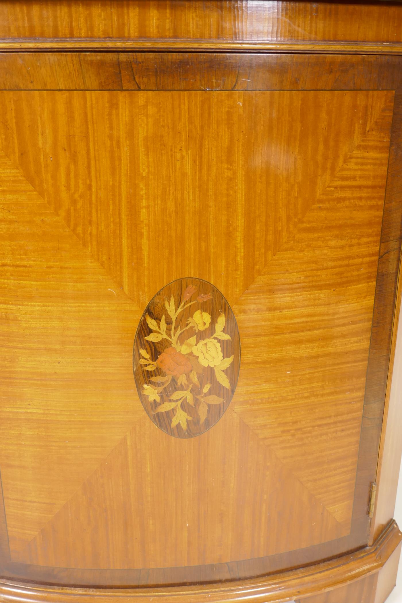 A satinwood bow fronted standing corner display cabinet, with astragal glazed door over a cupboard - Image 3 of 4