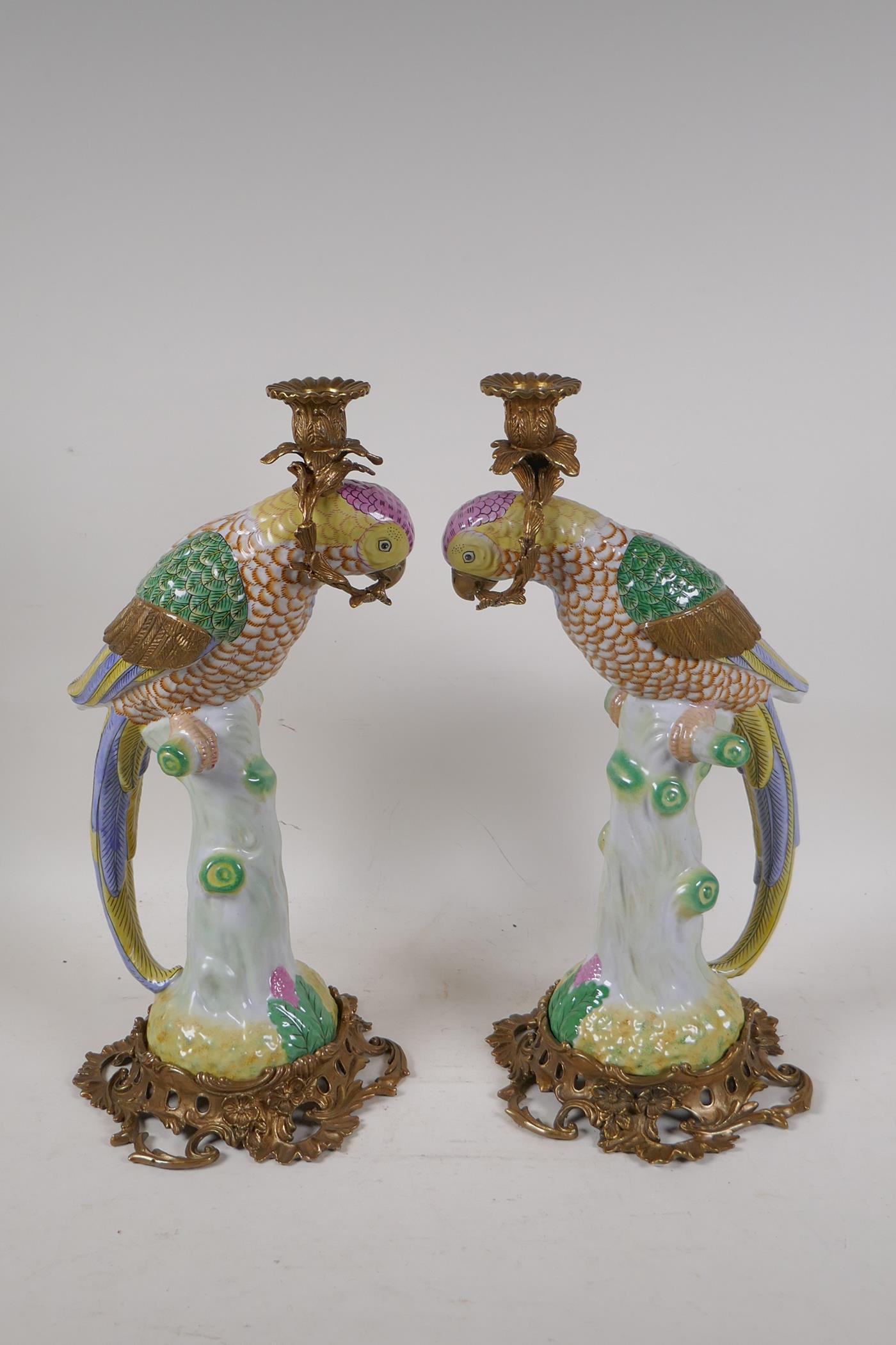 A pair of polychrome porcelain parrot candlesticks with bronze mounts, 16" high - Image 4 of 5