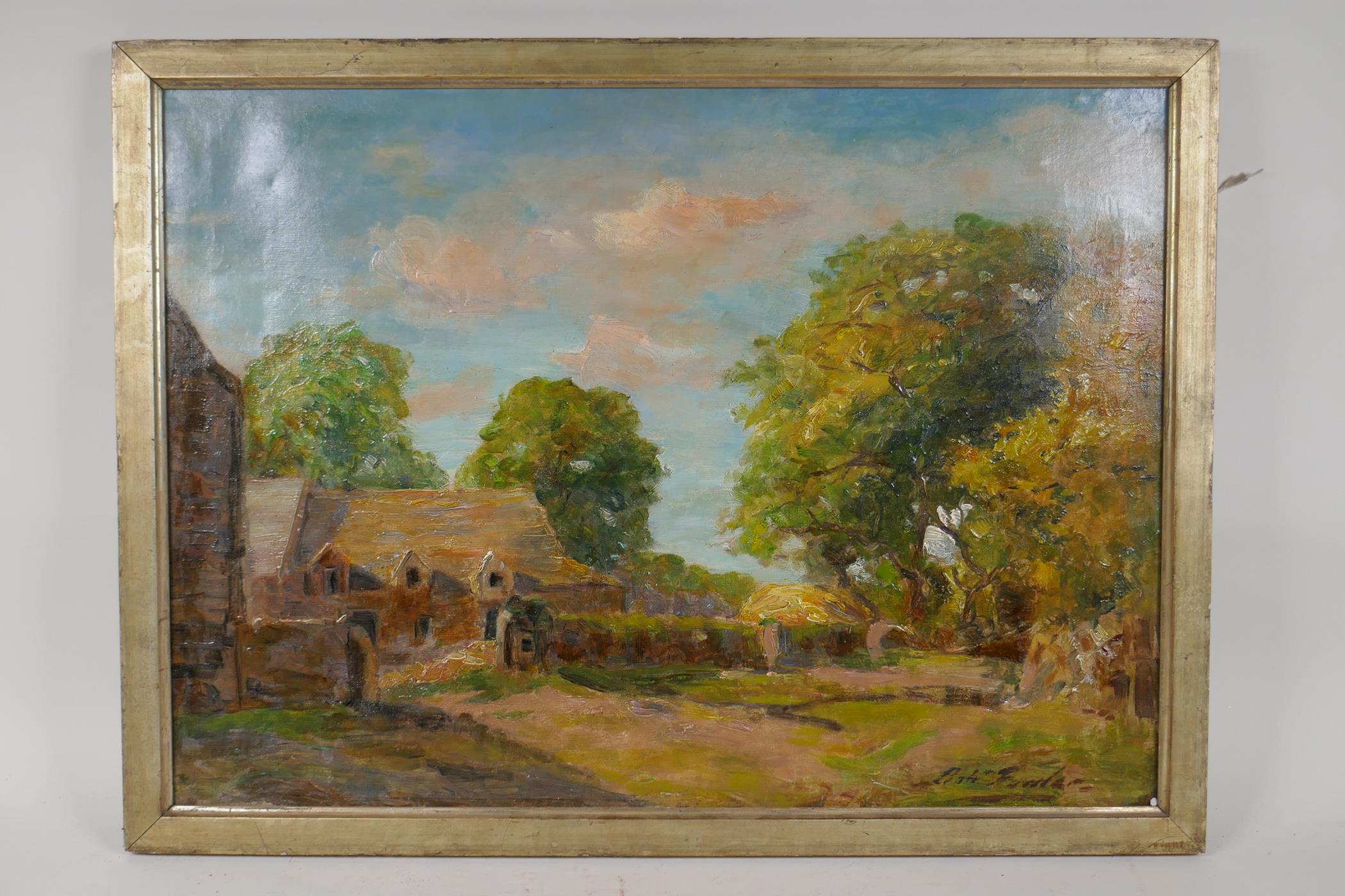 Robert Fowler, landscape with farmyard, signed oil on canvas, 16" x 22" - Image 2 of 5