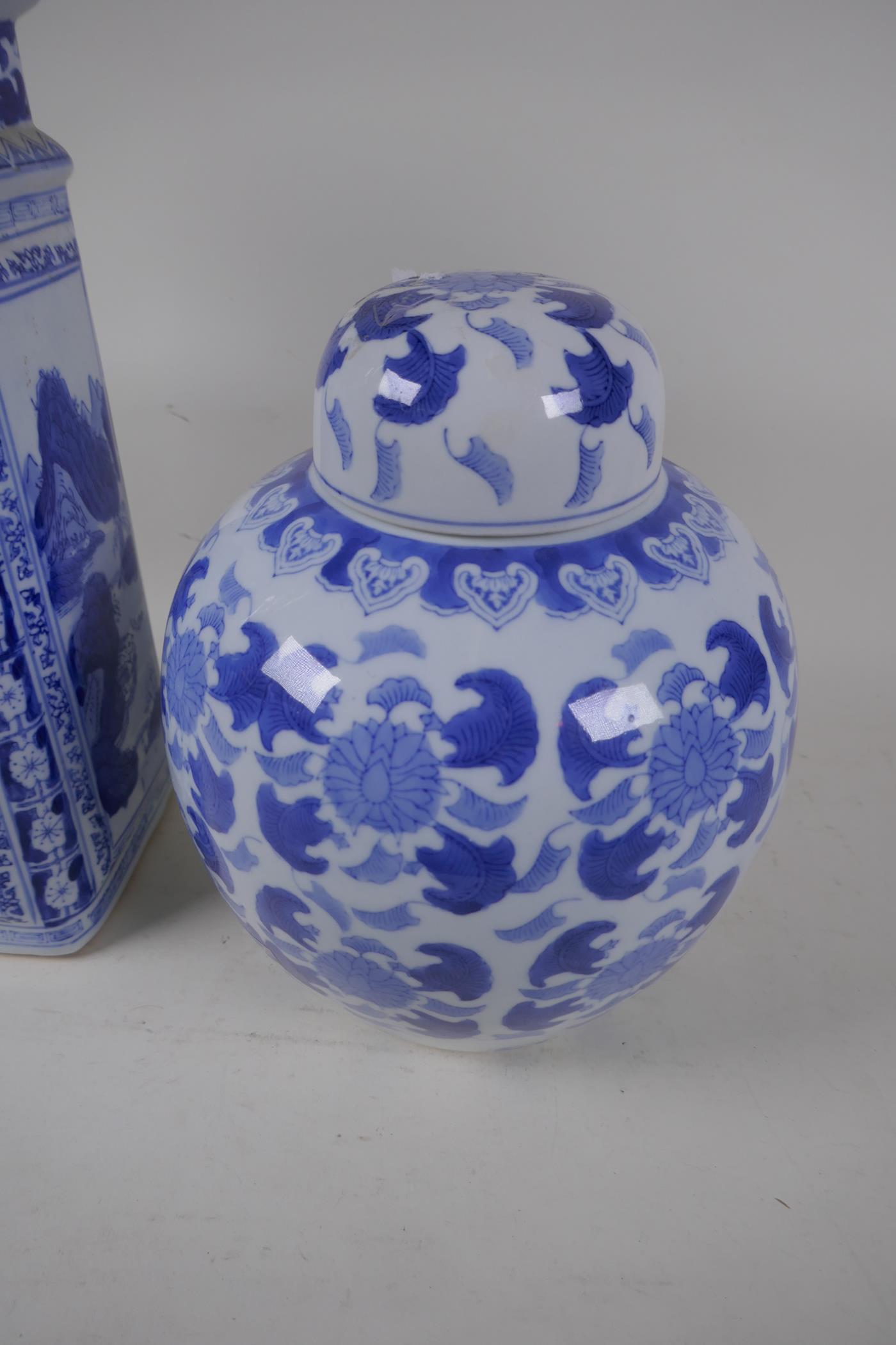 A Chinese blue and white porcelain bulbous ginger jar and a square section vase, 13½" high - Image 2 of 3