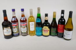 Nine bottles of wines and spirits including Wolf Blass Red Label Shiraz, Harveys Sherry, Tesco