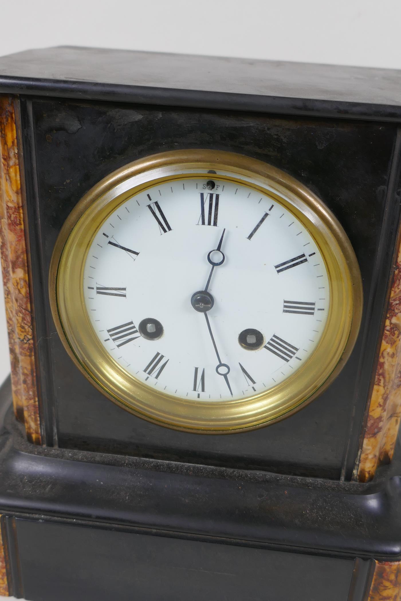 A slate and marble mantel clock with striking movement on a bell, white enamel dial and Roman - Image 2 of 4