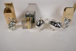 Six silver plated money banks including Beatrix Potter figures,  three boxed, Pig 4½" long