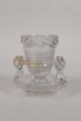 A Chinese moulded glass / crystal libation cup and stand of archaic form, cup 3½" high