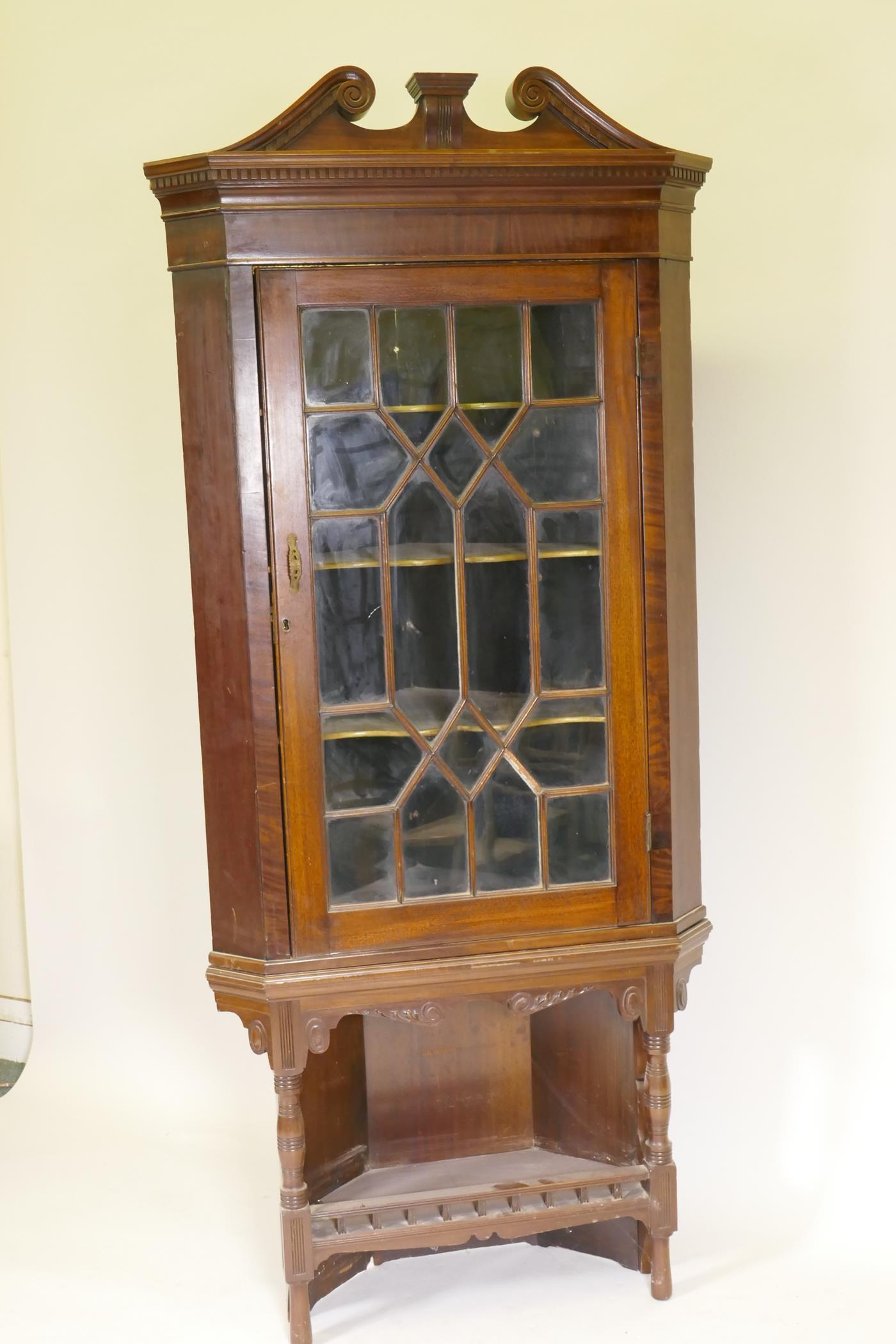 A Georgian mahogany corner display cabinet, with astragal glazed door below a dentil cornice and - Image 2 of 2